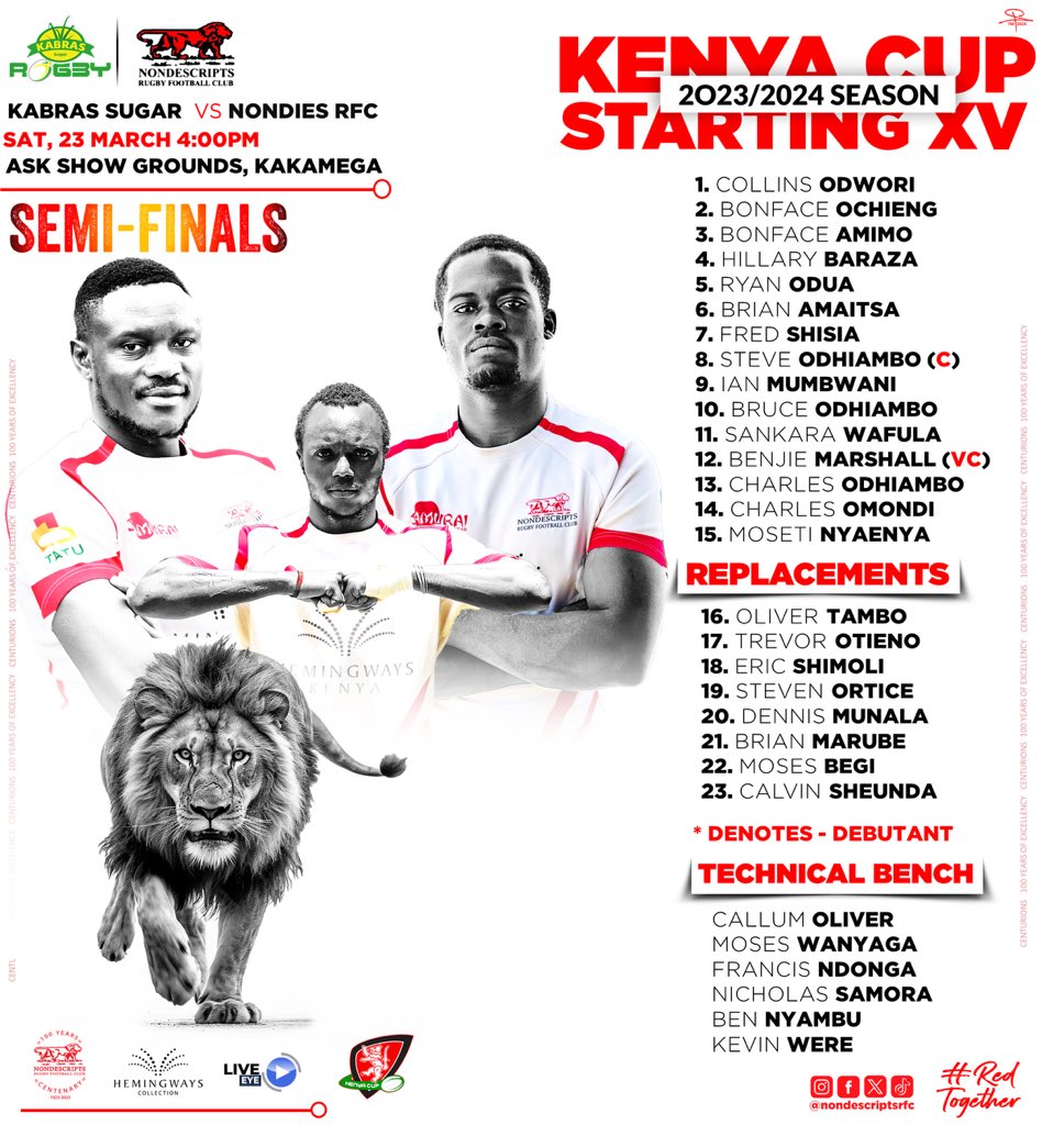 🚨TEAM NEWS 🚨
We are on the road this weekend to face the Kenya Cup defending champions at their home in Kakamega. These are the Rangers representing us in the semi-final clash.. Check Poster for more details.
#nondiesrugby #redtogether #rangers #kenyacup #rugbyke