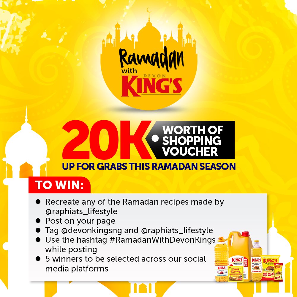 devonkingsng (@devonkingsng) on Twitter photo Win N20K worth of shopping voucher this Ramadan๐ฅณ๐ฅณ.
All you have to do is:
Recreate any of the Ramadan recipes made by @raphiats_lifestyle
Post on your page
Tag <a href="/devonkingsng/">devonkingsng</a> and @raphiats_lifestyle
Use the hashtag #RamadanWithDevonKings while posting
5 winners to be selected Win N20K worth of shopping voucher this Ramadan๐ฅณ๐ฅณ.
All you have to do is:
Recreate any of the Ramadan recipes made by @raphiats_lifestyle
Post on your page
Tag <a href="/devonkingsng/">devonkingsng</a> and @raphiats_lifestyle
Use the hashtag #RamadanWithDevonKings while posting
5 winners to be selected
