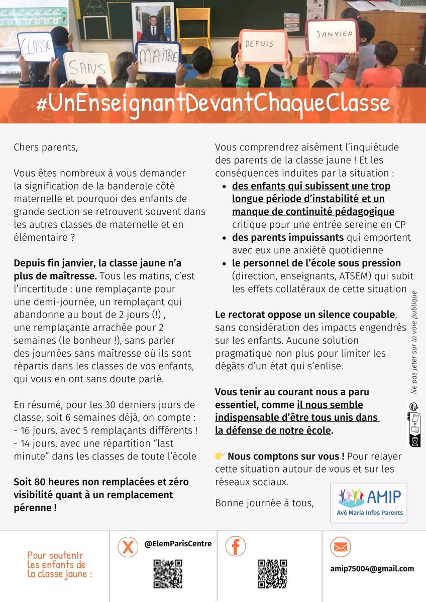 ElemParisCentre's tweet image. #ClasseSansMaitresse 
Tract distribué à tous les parents de l’école ce matin 👇
Toujours pas de maîtresse en GS aujourd’hui 😤 presque 100h non remplacées maintenant ! 
@Academie_Paris et nos élus : une idée ?!?!?!