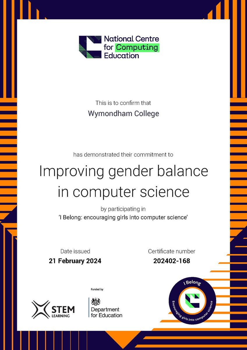 Wymondham College has been recognised for our commitment to encouraging gender inclusion in computer science by the National Centre for Computing Education (NCCE). #GenderInclusion #Computing