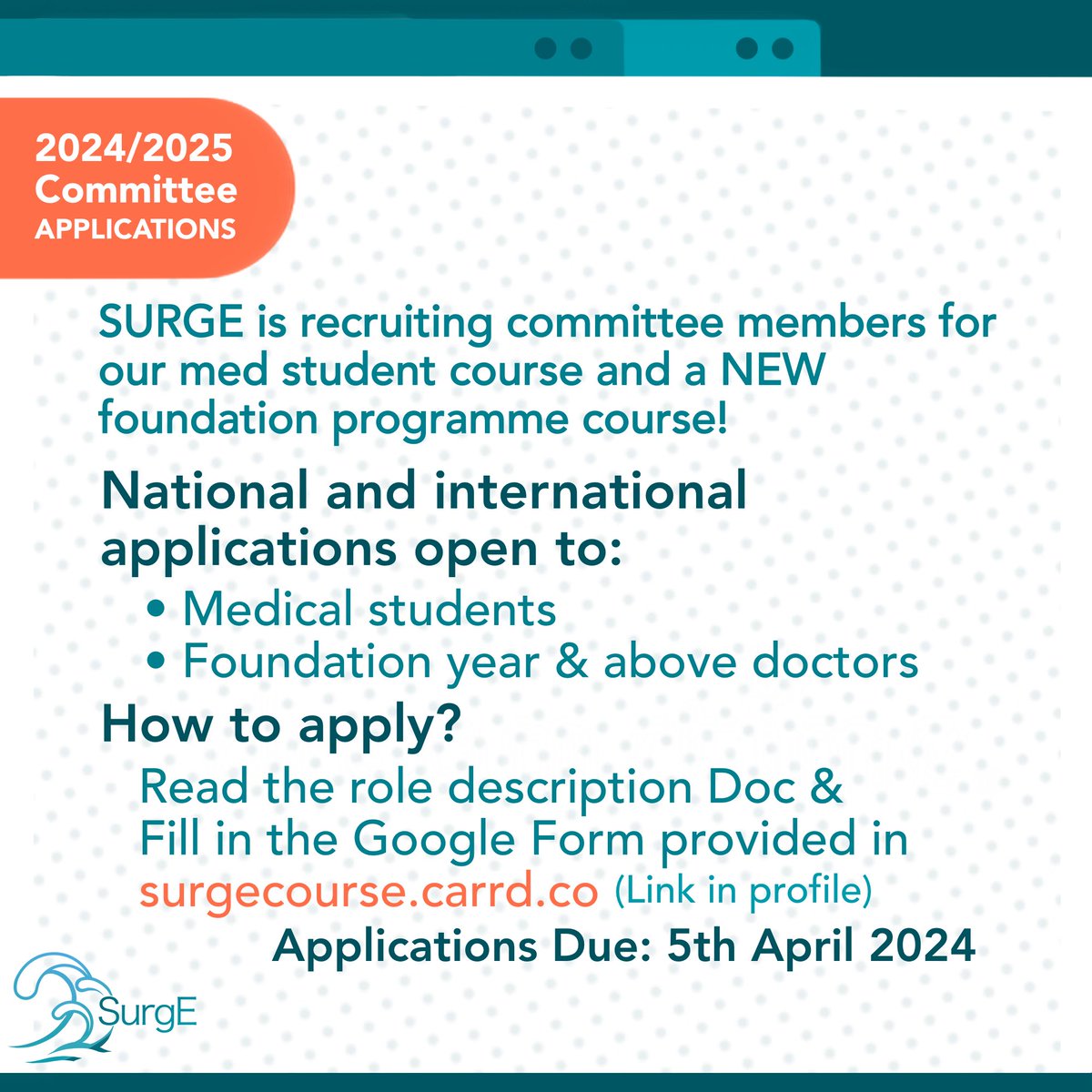 SurgeCourse's tweet photo. Want to join an international surgical teaching committee?
SURGE are recruiting! We are looking for motivated medical students and doctors to help run and develop our 4-week online surgical teaching course, SURGE.
Simply check out the link in our bio! https://t.co/aQhuScQUcJ