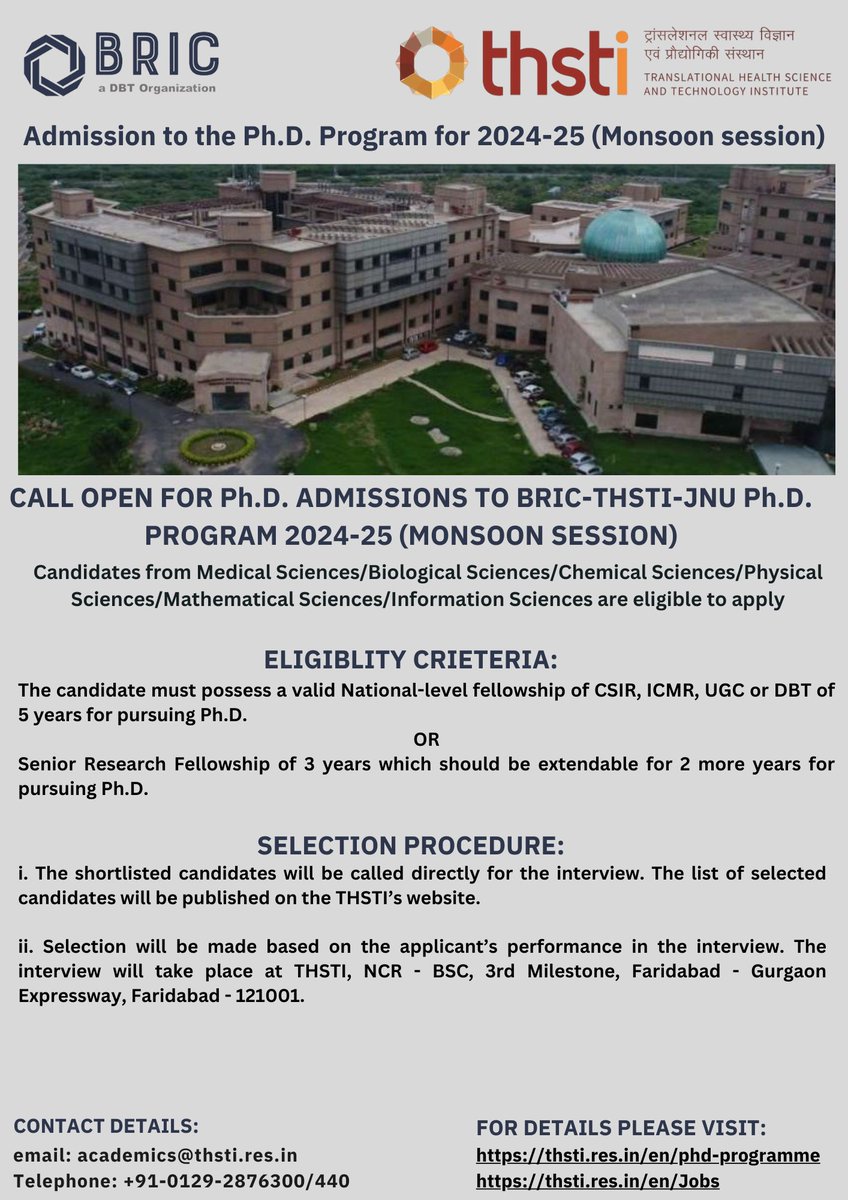 Aspiring #TranslationResearch scientist? Join the 2024-25 PhD program at @THSTIFaridabad! We're now accepting applications. 🔗 thsti.res.in/en/phd-program… Apply by April 30th, 2024! ⏰ #PhD #research @DBTIndia @rajesh_gokhale @drkarthik2010