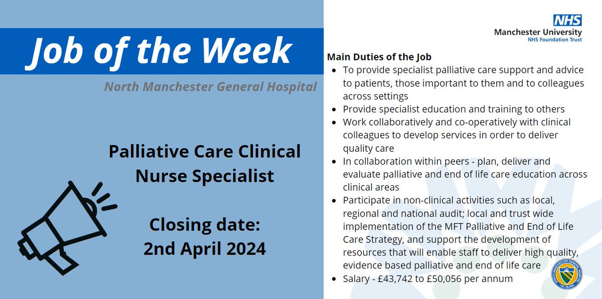 VACANCY: Palliative Care Clinical Nurse Specialist - North Manchester General Hospital. Come and join #teamNMGH family and help shape a very bright future. jobs.nhs.uk/candidate/joba…