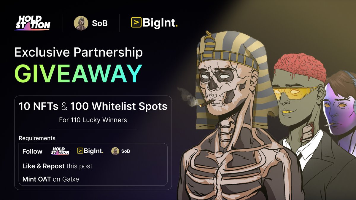 HoldstationW's tweet photo. 🎉 Hold onto your seats, HOLDorrr!

Exciting news from #Holdstation: we're thrilled to unveil an exclusive partnership with #SoB and #BigInt! ✨

SoB is a collection of unique NFTs that redefine the essence of ownership in the zkSync NFT space.

🎁Prize pool:
- 10 Free SoB NFTs
- 100 NFT Mint Whitelist Spots

👉To join:
- Follow @HoldstationW, @sobnfts & @BigIntCo
- Join SoB Discord Server
- Like & repost
- Complete tasks and mint your free OAT on @Galxe: https://t.co/mK5z3LrA9E

Don't miss out on this exclusive event! Act fast to secure your spot and claim your slice of the NFT future!