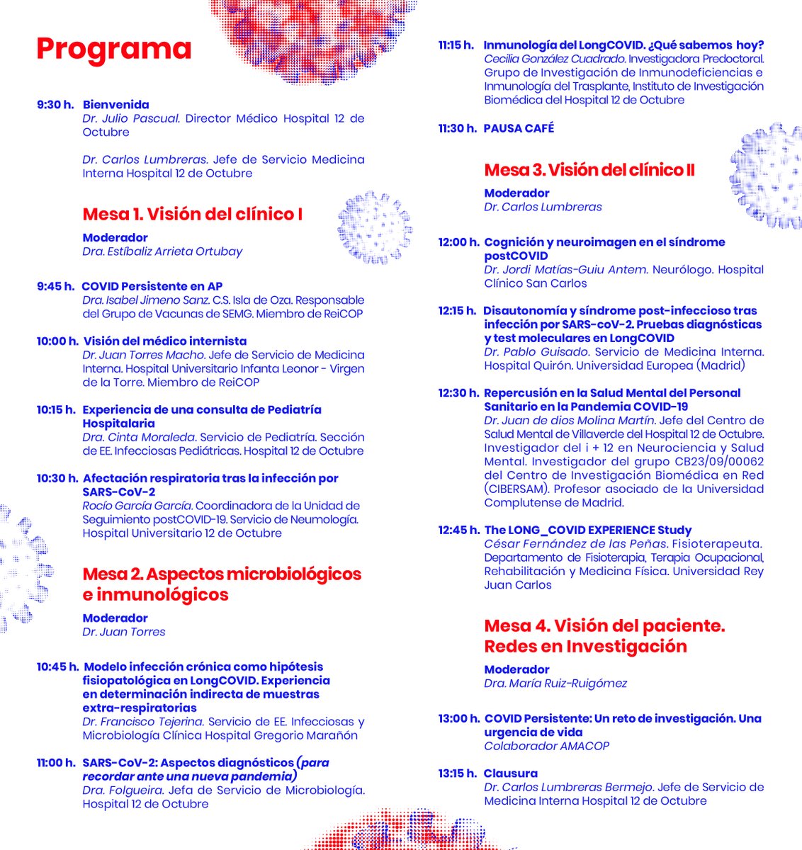 AMACOP | Asociación Madrileña de Covid Persistente (@covid_madrid) on Twitter photo 🩺Queremos invitaros a la I Jornada LongCOVID Madrid
📅 Fecha: 5 de abril de 2024
🕑 Horario: 9:30 h.
📍Lugar: Salón de Actos Materno-Infantil del <a href="/H12Octubre/">Hospital Universitario 12 de Octubre</a>, Madrid
⭐️INSCRÍBETE en: postcovid.hdoc@salud.madrid.org
ℹ️ Más info en longcovidmadrid.es
🩺El perfil de la 🩺Queremos invitaros a la I Jornada LongCOVID Madrid
📅 Fecha: 5 de abril de 2024
🕑 Horario: 9:30 h.
📍Lugar: Salón de Actos Materno-Infantil del <a href="/H12Octubre/">Hospital Universitario 12 de Octubre</a>, Madrid
⭐️INSCRÍBETE en: postcovid.hdoc@salud.madrid.org
ℹ️ Más info en longcovidmadrid.es
🩺El perfil de la