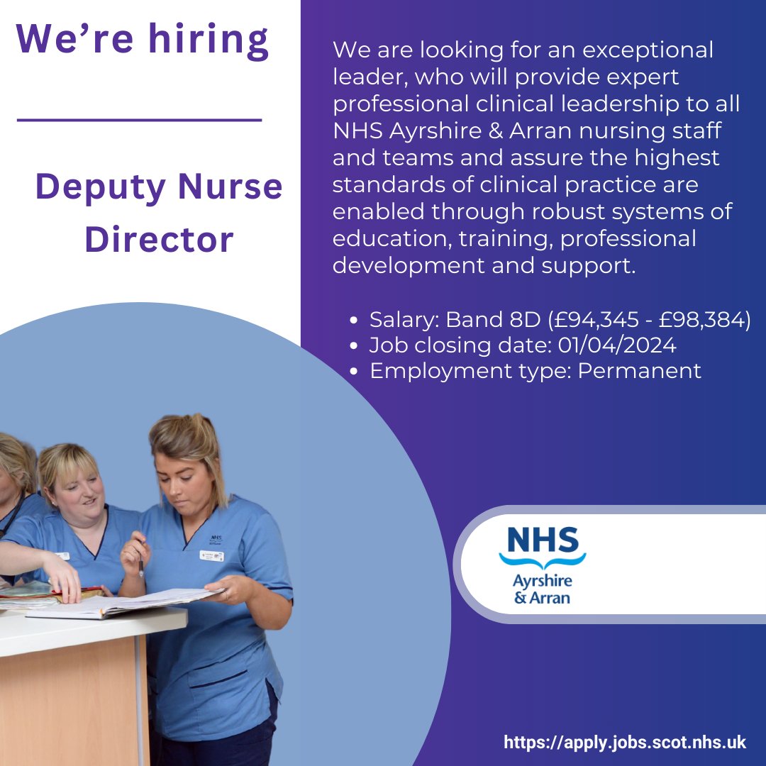 We are looking for a Deputy Nurse Director, who will provide expert professional clinical leadership to all NHS Ayrshire & Arran nursing staff and teams, read more info and apply here: apply.jobs.scot.nhs.uk/Job/JobDetail?…

#NHSScotlandCareers #NHSJobs #NHSOpportunities #ayrshire