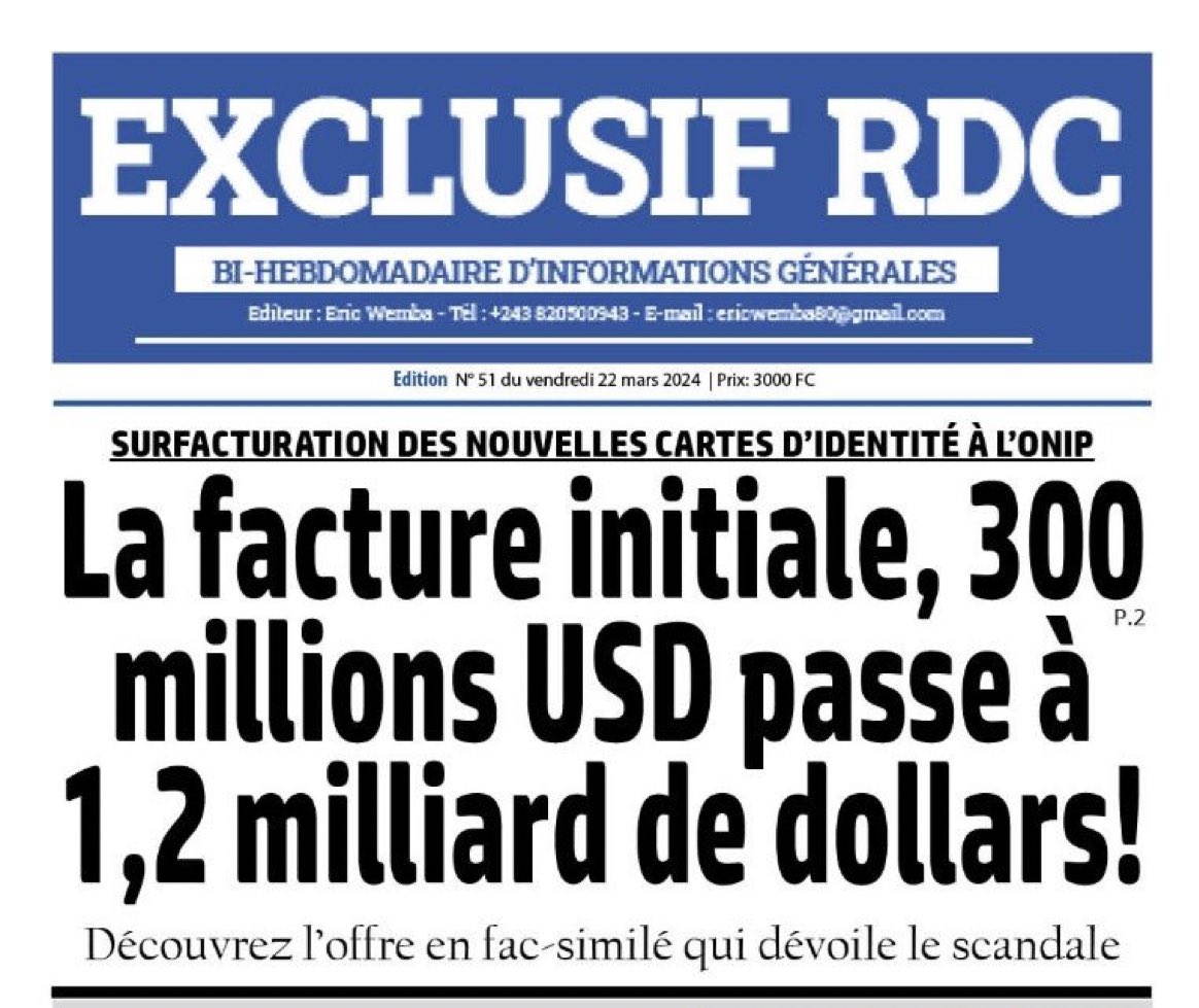 bakadifuilaChri's tweet photo. Urgent 🚨 

Régime de l’UDPS pendant 5 ans de scandale en Scandales .
👇👇
Selon ce journal, la facture initiale des nouvelles cartes d’identité était de 300 millions $, pour passer au final à 1,2 milliard $. Nous avons plus de 6 millions de déplacés internes qui dorment dehors dans des conditions inhumaines, guerre à l’Est,… aucune infrastructure dans les provinces,…. Mais les fanatiques viendront défendre ceux qui détournent l’argent de l’Etat.

Vous êtes obligés de supporter pendant 4 ans la gestion de l’UDPS à la tête du Pays.
Nos finances subissent une malédiction et le peuple dans son ensemble vive dans la disette la plus incommensurable, mais un Groupe des gens au pouvoir deviennent vachement riches avec des salaires exorbitants.
1 député touche 21.000 dollars le mois et un enseignant touche 125 dollars le mois et l’UDPS au pouvoir défend que il faut que le député touche plus, car il faut plus de travail qu’en enseignant, policier, professeur des universités…
