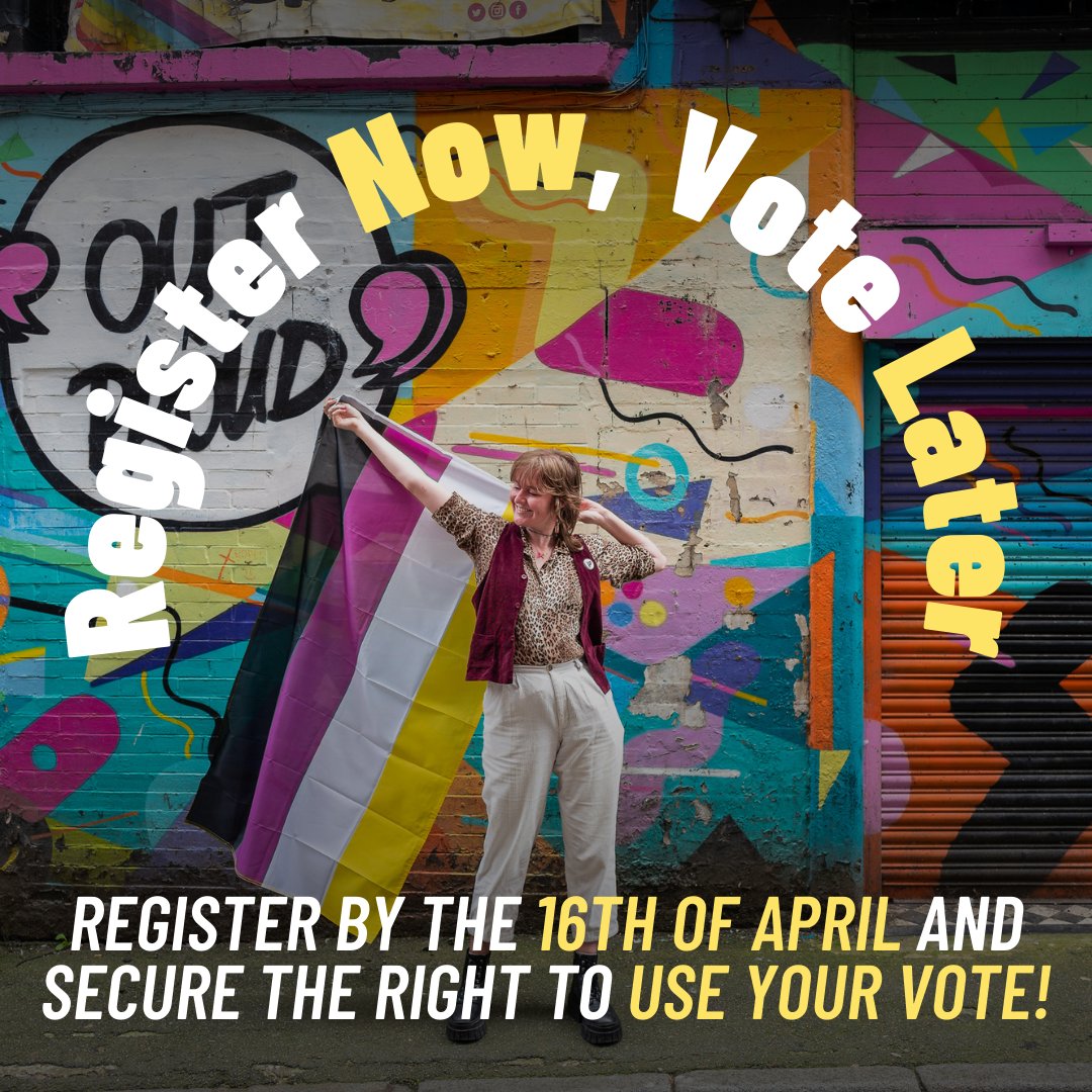 Your vote is your power! 💪 Registering to vote now lets you decide later how to use it. Don't wait until it's too late – register by April 16th and empower yourself to shape the future you want. It only takes 5 minutes at gov.uk/register-to-vo…. #RegisterNow #VotewithPride
