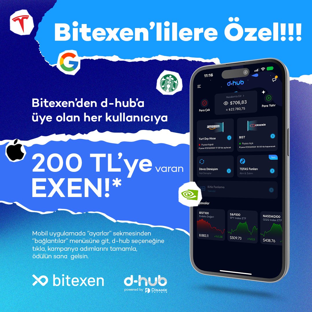 GÖREV: Takip et, Gönderiyi Paylaş➡️ 100 Puanı Kazan ! 🎉✌️ X hesabını Bitexen hesabınla eşleştir, @bitexencom ve @dhub_app takip et, bu gönderiyi paylaş (repost et), 100 puanı kap ! Bitexen'den d-hub'a üye olan her kullanıcımıza 200 TL'ye varan EXEN hediye ! 🔥 Bitexen'lilere