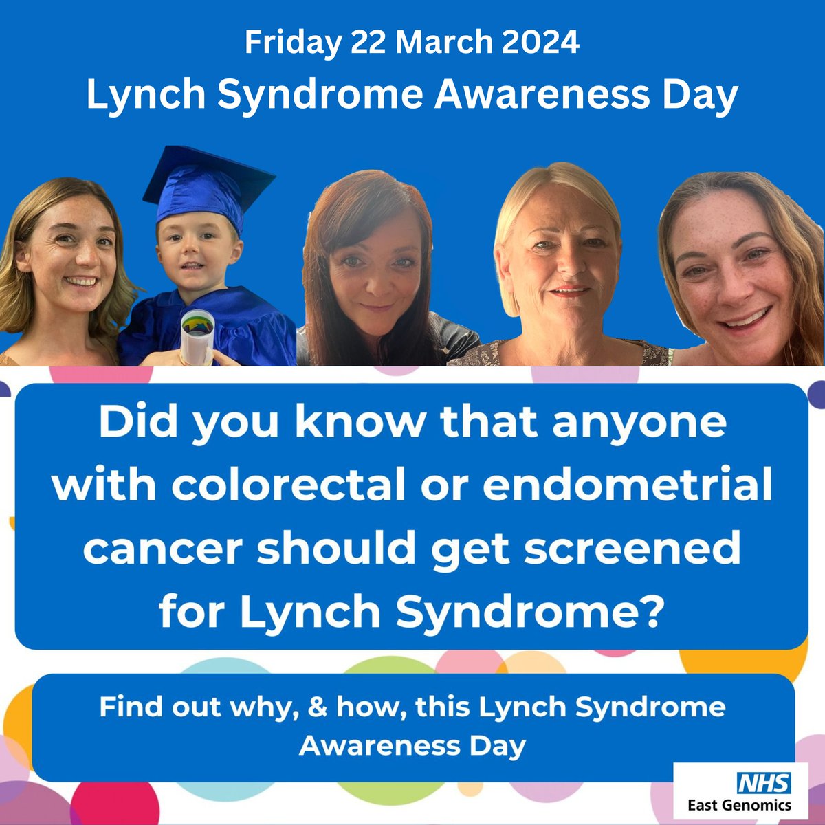 On #LynchSyndromeAwarenessDay we're highlighting that anyone with colorectal or endometrial cancer should get screened for Lynch Syndrome. Hear from Clinical Geneticist Adam Shaw & patients Tracy & Andrea on our website (plus links to resources/events): eastgenomics.nhs.uk/about-us/news-…