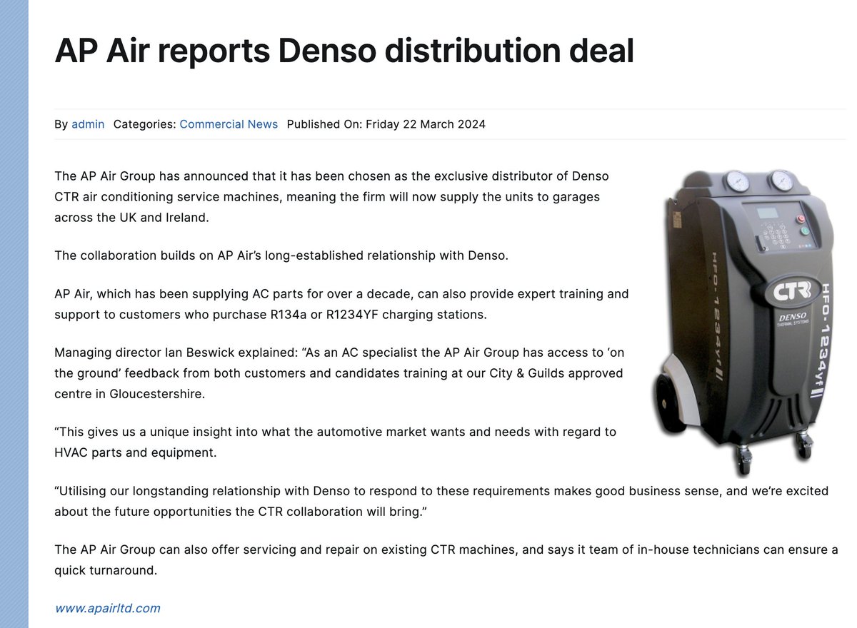 APAIRLtd's tweet image. 🗞️🚛Thanks to #TransportOperator for including us in the ❄️🔧 #airconditioning &amp;amp; servicing equipment feature of their April issue👍
➡️transportoperator.co.uk/2024/03/22/ap-…
#fleet #Hgv #LCV #commercialvehicles #Denso #ctrmachine #airconmachine #Chargingstation #ACService #kheosplus #kristalbase