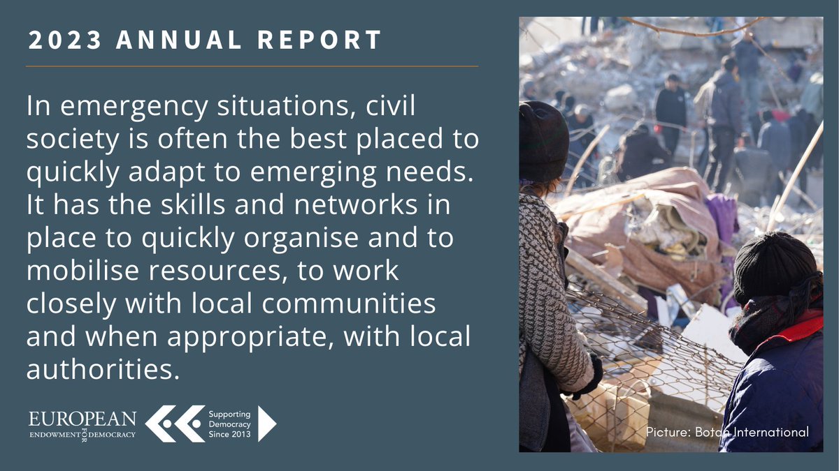 Civil society is often the best placed to adapt to emerging needs as it can quickly organise and mobilise resources. Read about @faynstudio and @BotanInt role in providing coverage and support during recent humanitarian crises in our 2023 Annual Report bit.ly/3Vr2pXU