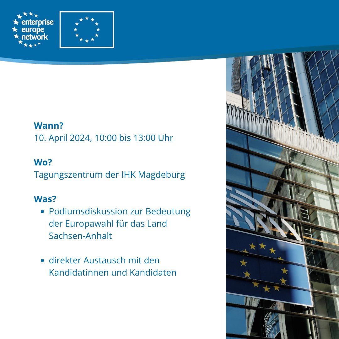 Was bedeutet die #Europawahl für Sachsen-Anhalt? Bei dieser Veranstaltung gibt es die Möglichkeit sich mit den Kandidat:innen aus unserem Bundesland auszutauschen. Anmeldung: events.magdeburg.ihk.de/b/?p=aufkursbl… @EEN_Deutschland @IHKMagdeburg #EENcanhelp #European #SachsenAnhalt