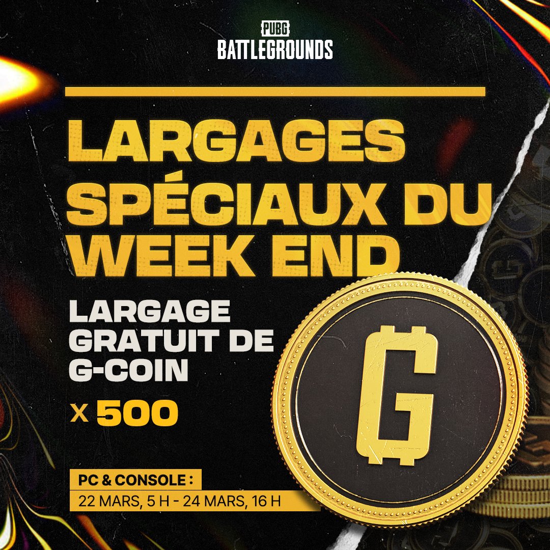 Hé, vous savez quoi ? C'est le week-end d'anniversaire de PUBG, et nous avons une delicieuse surprise pour vous TOUS ! Connectez-vous dès maintenant et chopez 500 G-COIN gratuits avant que la fête ne touche à sa fin 🎂🎆 

📅 Valide jusqu'au 24 mars à 5h (UTC+1)