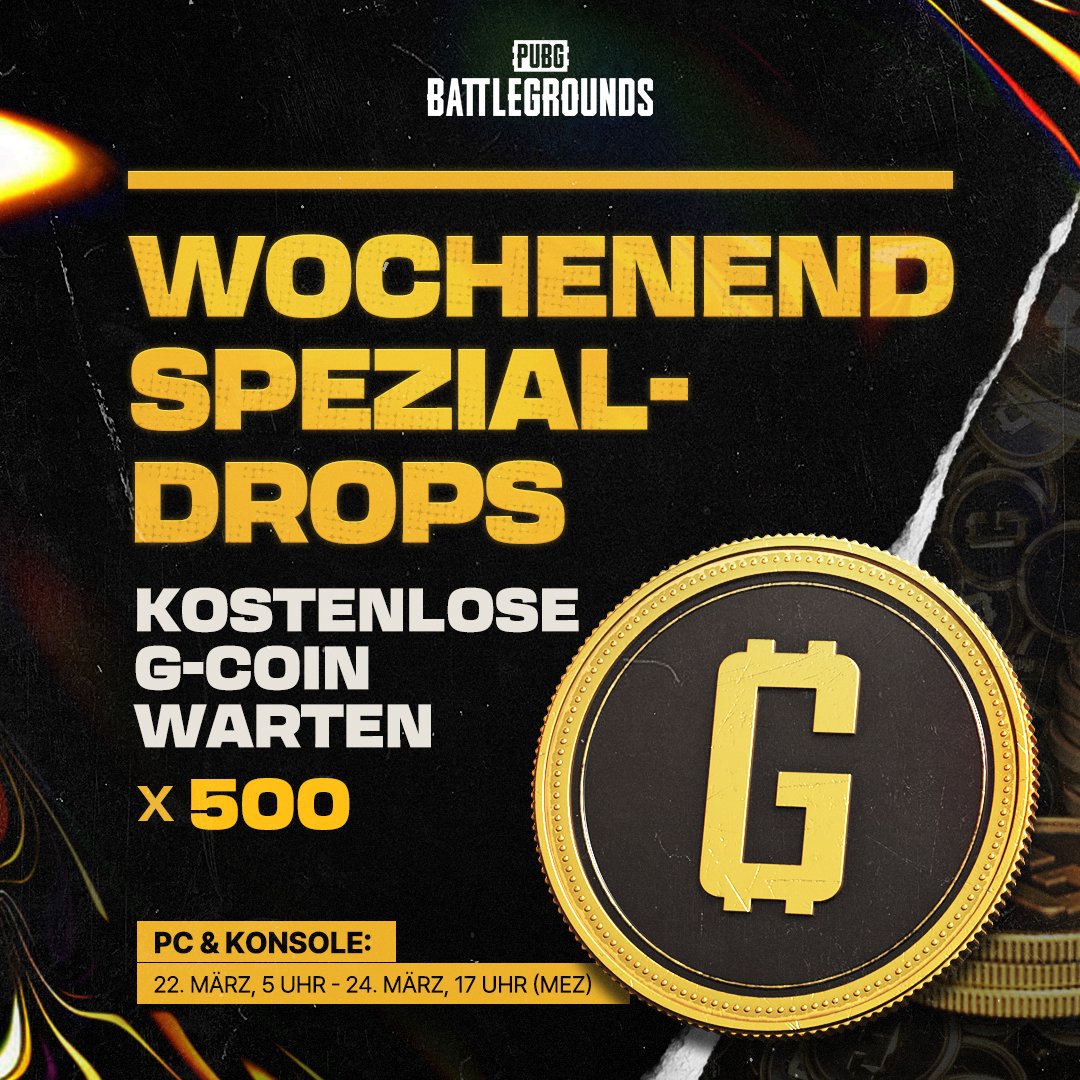 Dieses Wochenende ist nicht irgendein Wochenende. Es ist PUBGs Geburtstagswochenende, und wir haben ein besonderes Geschenk für euch ALLE! Loggt euch JETZT ein und holt euch 500 G-Coin bevor die Party endet 🎂🎆. 

📅 Läuft bis 24. März, 17 Uhr (MEZ)