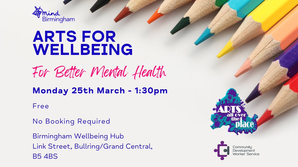 We are pleased to welcome back Arts All Over The Place for another Art Therapy Workshop on Monday 25th March at 1:30pm. No need to book, just drop in to our Wellbeing Hub on the Top Floor of Link Street, Bullring/Grand Central B5 4BS We can't wait to see you there!