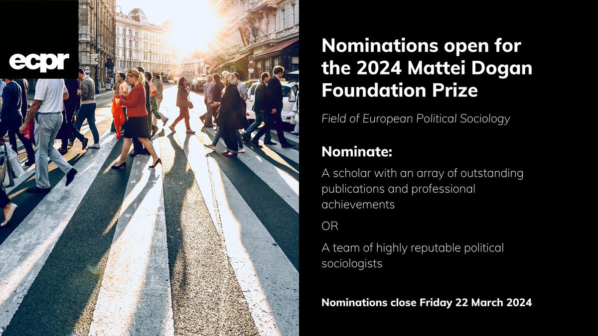 ⏳ Nominations for the Mattei Dogan Foundation Prize close 𝐓𝐎𝐍𝐈𝐆𝐇𝐓 ⭐ Don't miss this golden opportunity to honour scholars who have made an outstanding contribution to #European political sociology 💰 $3,000 prize fund ✍️ Nominate by midnight GMT ow.ly/6ymi50IiAg5