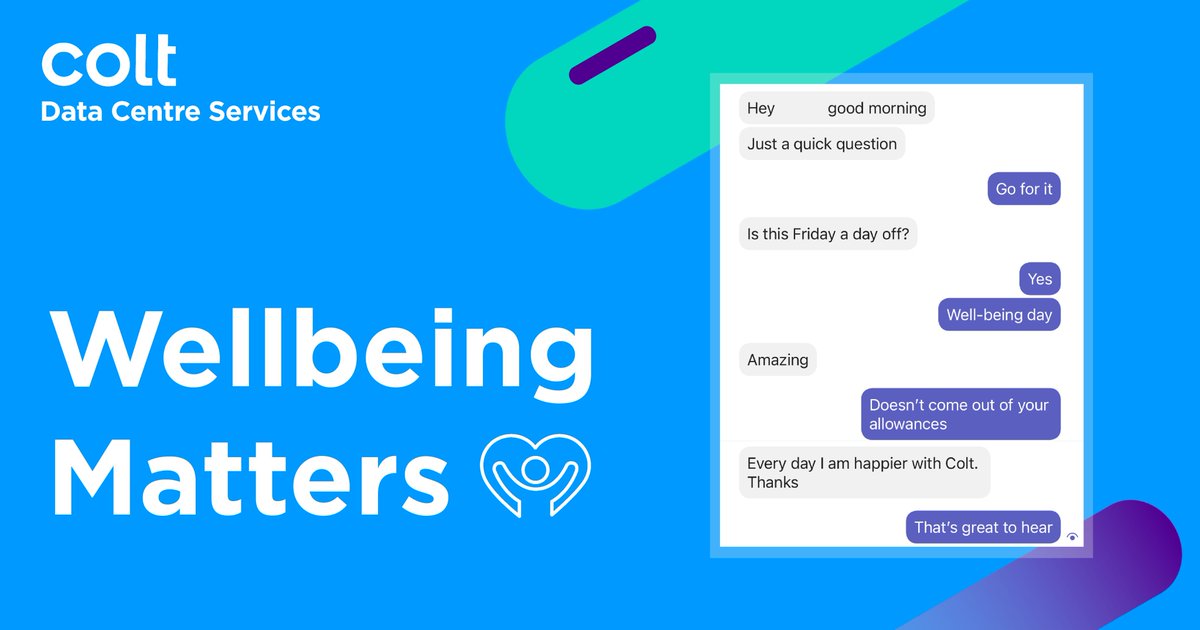 Today marks the start of our first #Wellbeing day for the year, where Colt DCS employees enjoy 4 days of leave, in addition to their annual leave entitlement, to rest, recharge and unwind. #Wellbeingmatters #greatplacetowork