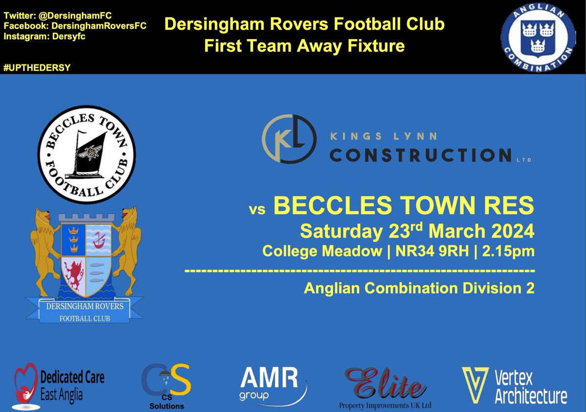 Back to reality this week and it’s Anglian Combination Division 2 action with a trip to Beccles Town Res. The lads have a tough run in trying to secure promotion back to Senior Football! #UPTHEDERSY 💙💛🖤