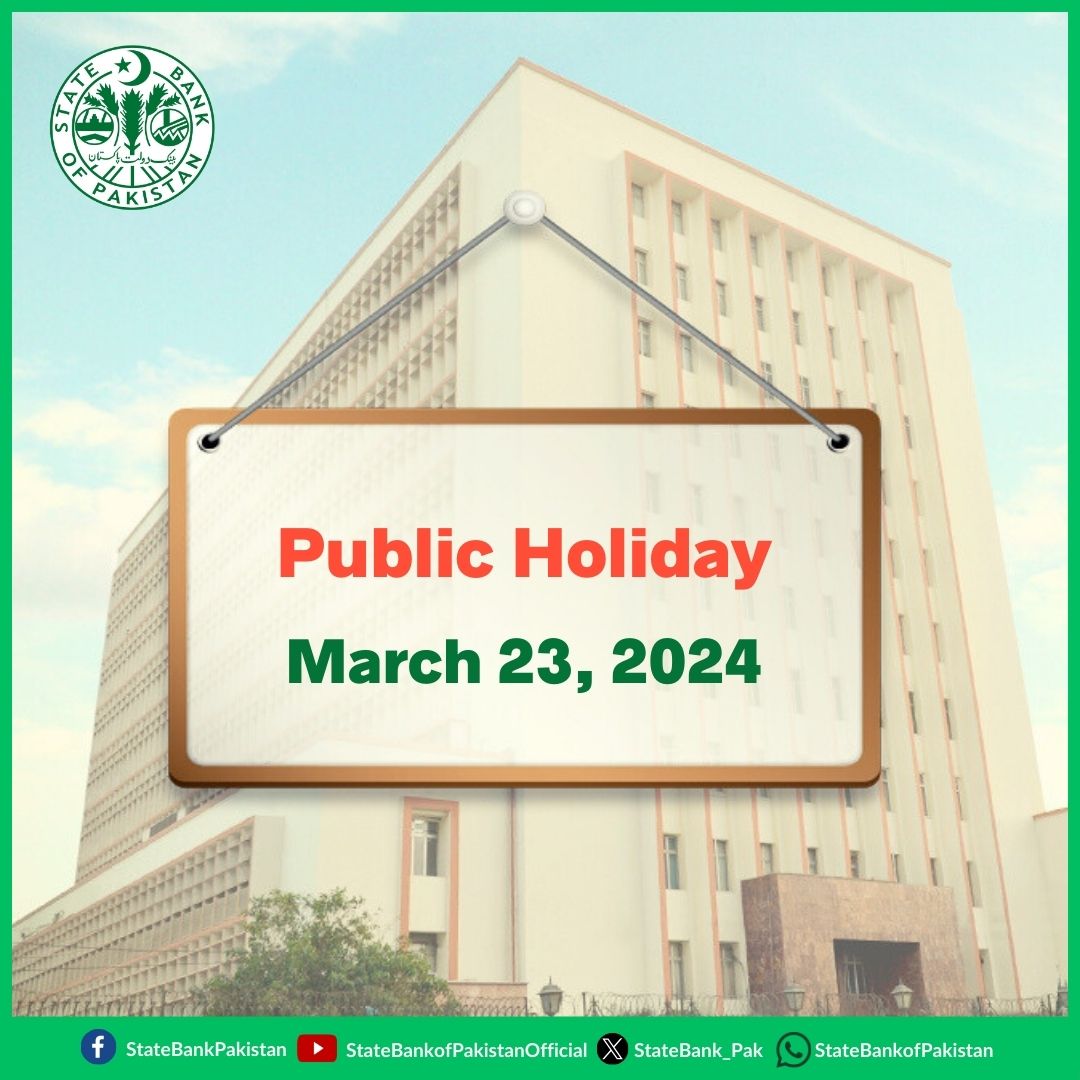 #SBP will remain closed on March 23, 2024 being public holiday on the occasion of 'Pakistan Day'.
sbp.org.pk/bprd/2024/CL6.…
#SBPAnnouncements #PakistanDay