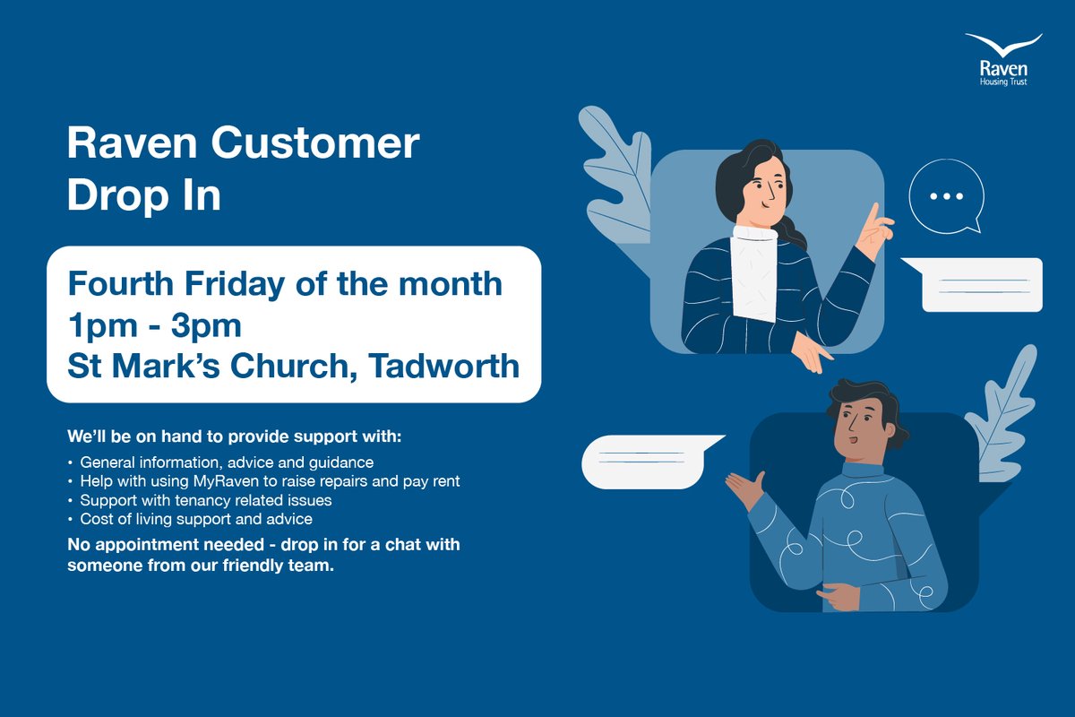 Join us today at St Mark's Church in Tadworth from 1-3pm for our Customer Drop In. No appointment needed – drop in for a chat with someone from our friendly team.