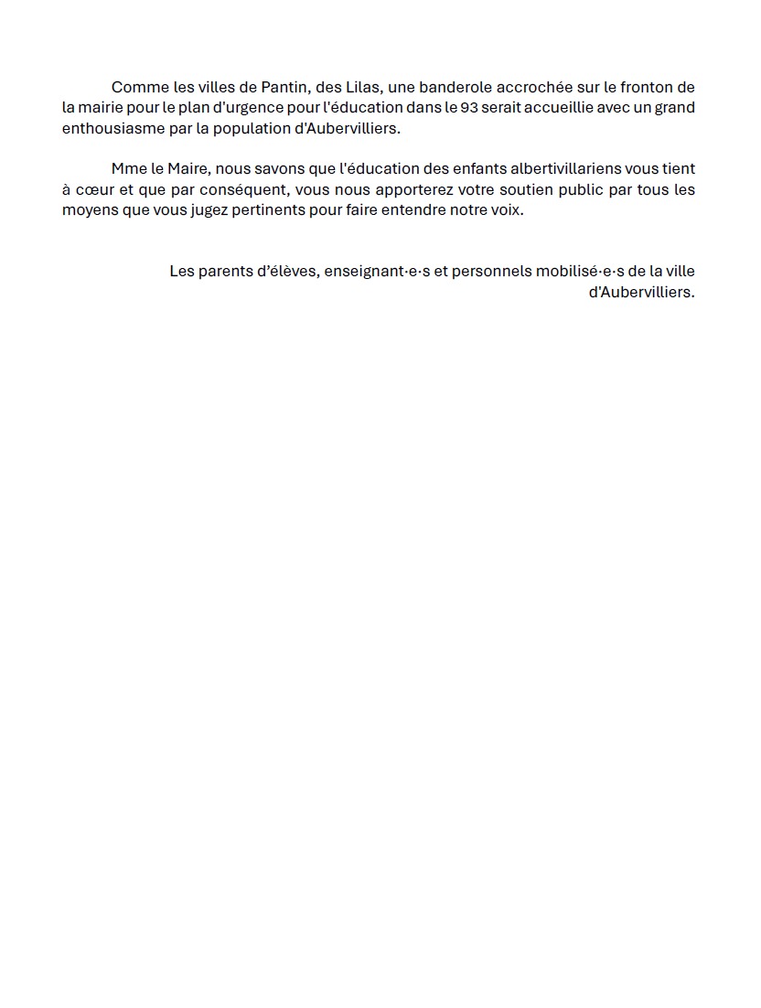 La mairie d'<a href="/aubervilliers93/">Aubervilliers</a> ne peut pas se taire face aux revendications légitimes des parents et de la communauté éducative de la ville et du 93.
<a href="/francletkarine/">Karine Franclet</a> il faut soutenir le #PlandUrgence93