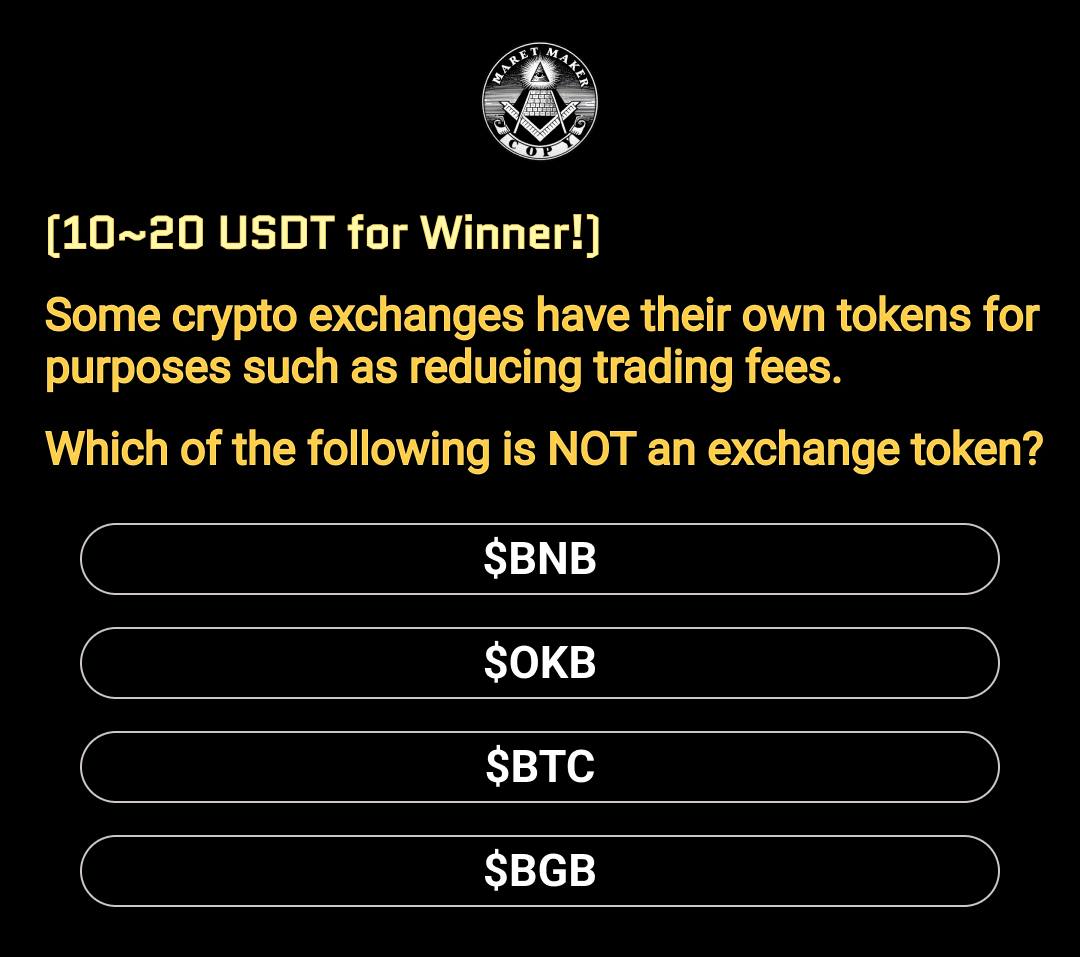 marketmakerview's tweet photo. < 'MarketMakerCopy' Daily #Giveaway >

Today's quiz is about 'Exchange tokens', tokens made by exchanges.

✍️Leave the right answer!

🎁 10USDT to 1 person
*Reward will be 20USDT with 100+ replies

📌To be a winner, you MUST 'LIKE & REPOST this' and 'FOLLOW @marketmakercopy'