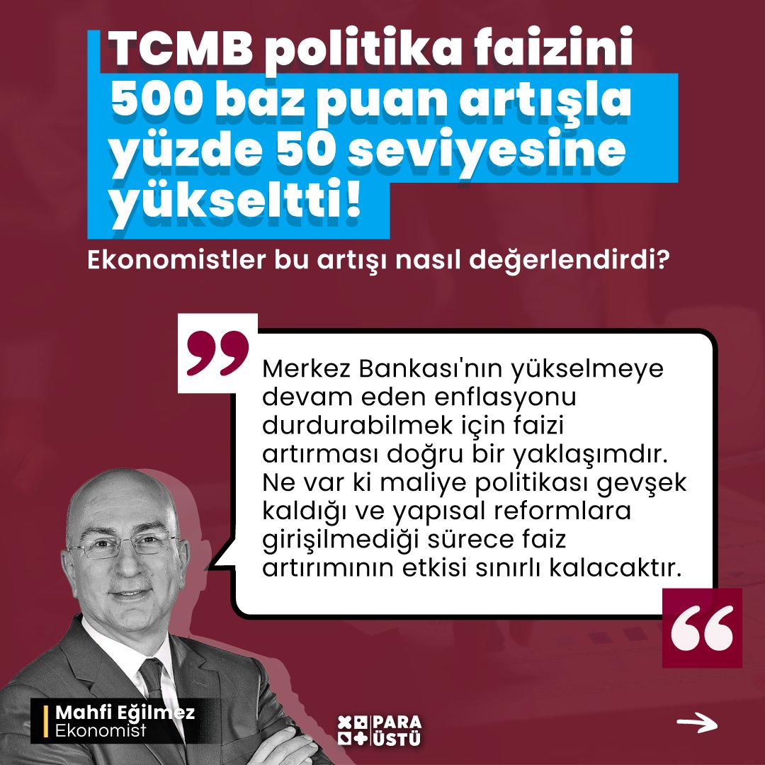 paraustutv's tweet photo. 📈Türkiye Cumhuriyet Merkez Bankası Para Politikası Kurulu dün yaptığı toplantı sonrası faiz kararını açıkladı. Kararla birlikte politika faizi, 500 baz puan artışla yüzde 45'ten yüzde 50'ye yükseltildi. 

💬 Ekonomistler beklentilerin üzerinde olan bu artışı nasıl değerlendirdi? https://t.co/n2MYCN5B42