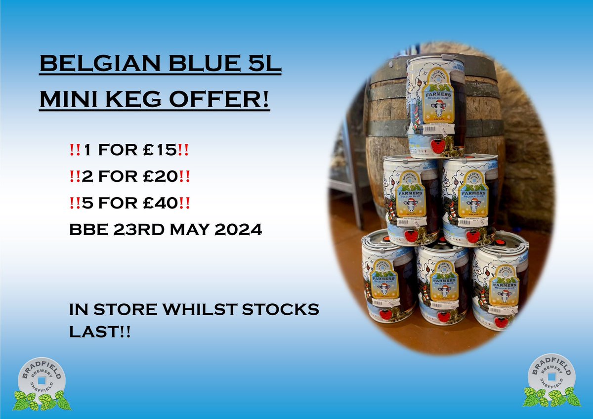 🔵 Belgian Blue 5L mini kegs are still 5 for £40 whilst stocks last - that’s just under £1 a pint, the kind of beer maths we like! 🍻The Brewery shop is open until 4pm today & 10am-4pm Saturday. #themoreyoubuythemoreyousave #beerlovers #specialoffer