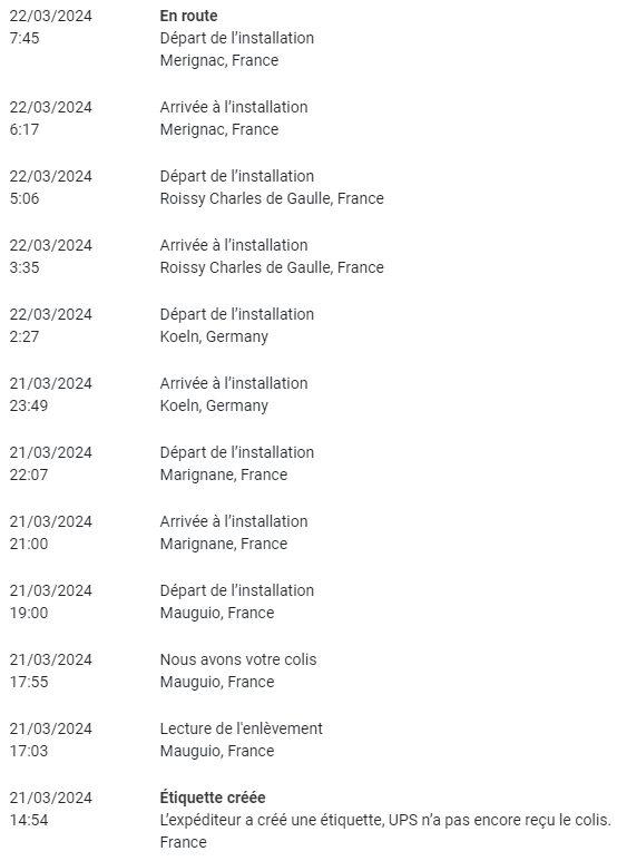 Attchouma's tweet photo. Envoyer un colis de Mauguio à Mérignac : départ Montpellier, escale Marseille, vol vers Cologne, transit à Roissy CDG, enfin Mérignac. Bilan carbone avec UPS au top non ? #UPS 🫠 https://t.co/j1AwH5mpVH