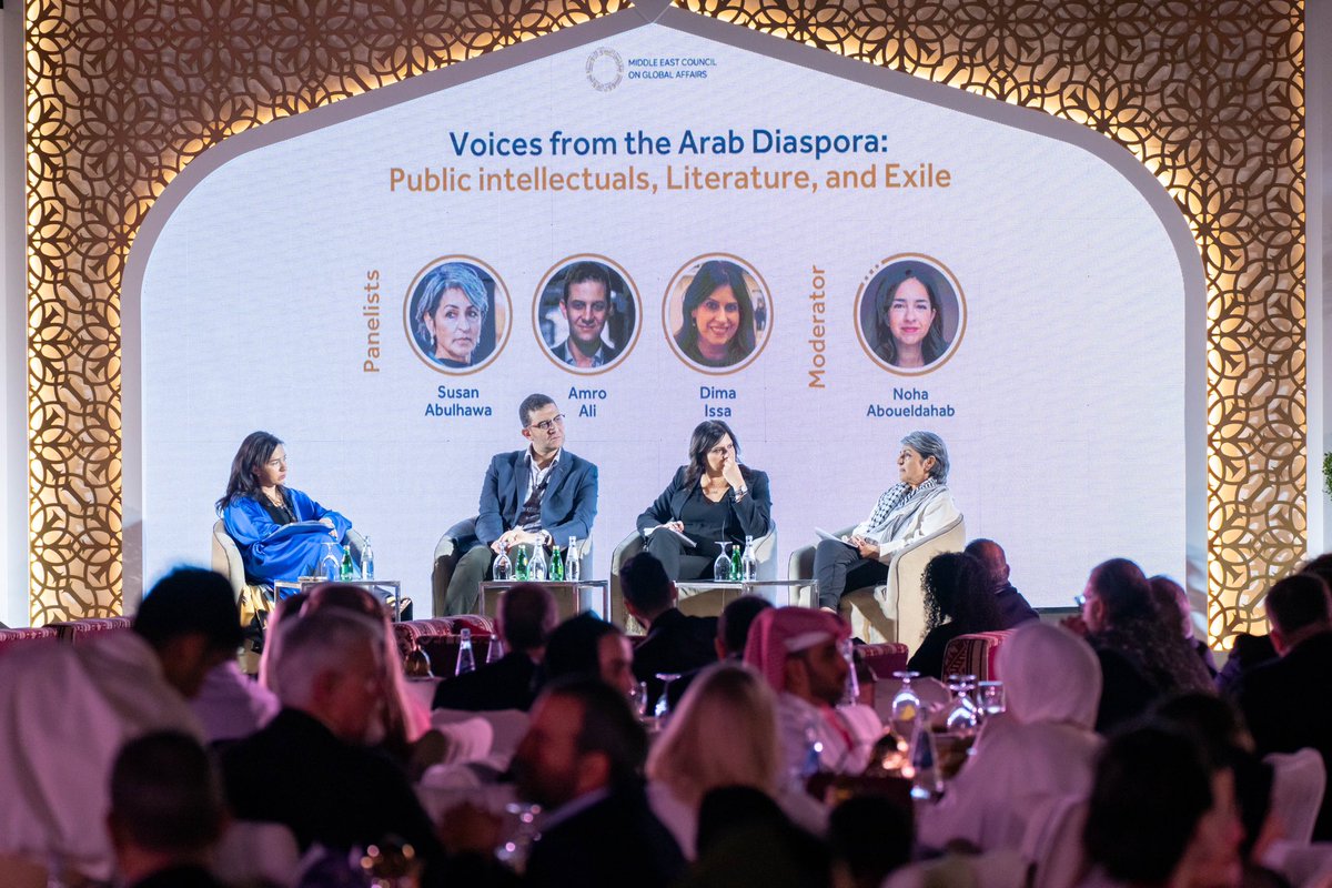 _amroali's tweet photo. It was an honour to share a panel in Doha with stellar figures as Dima Issa (@Dima_tweets), Palestinian novelist Susan Abulhawa, and legal scholar @NohaAboueldahab to discuss public intellectuals, literature, and exile. Thank you to the @ME_Council for organising the event. https://t.co/ZSMo0HKGzh