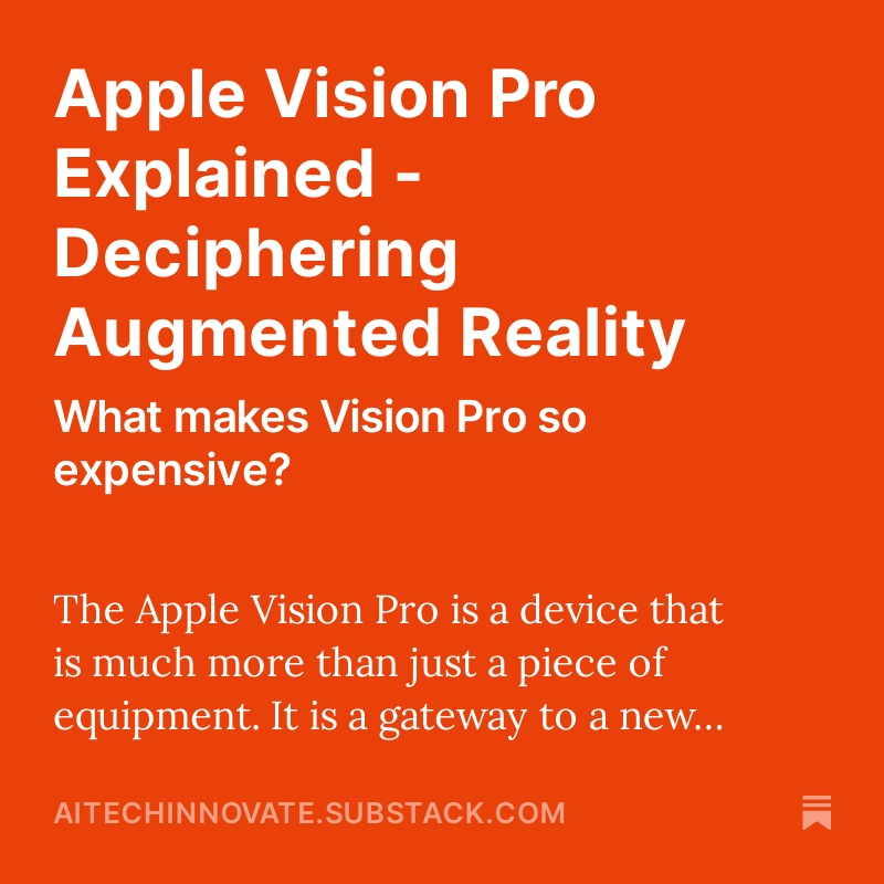 AiTechInnovate's tweet photo. Why does Apple Vision Pro cost so much? #AppleVisionPro #FutureTech #Innovation #CuttingEdgeTech #TechEnthusiast #DeveloperCommunity #InvestInInnovation #FutureTechLeader #ElevateYourExperience #TechRevolution #TheFuture #AppleInnovation #TechJourney #Innovation #EmbraceTheFuture https://t.co/SobNTTnlCN