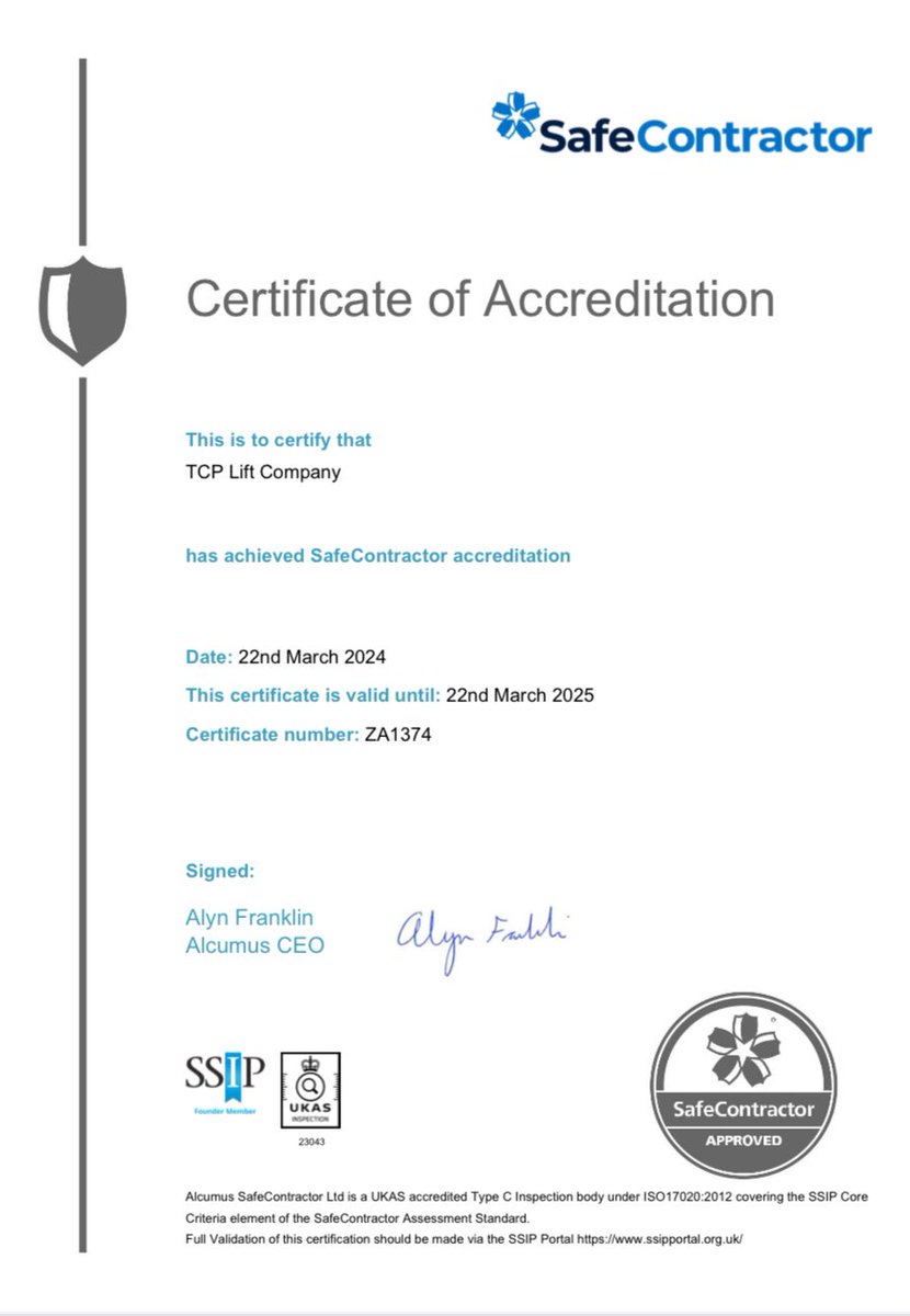 Company Name: TCP Lift Company
Membership Number: ZA1374
Following your annual audit with SafeContractor this year, I am pleased to confirm that you have achieved Accreditation!
Congratulations on your achievement!