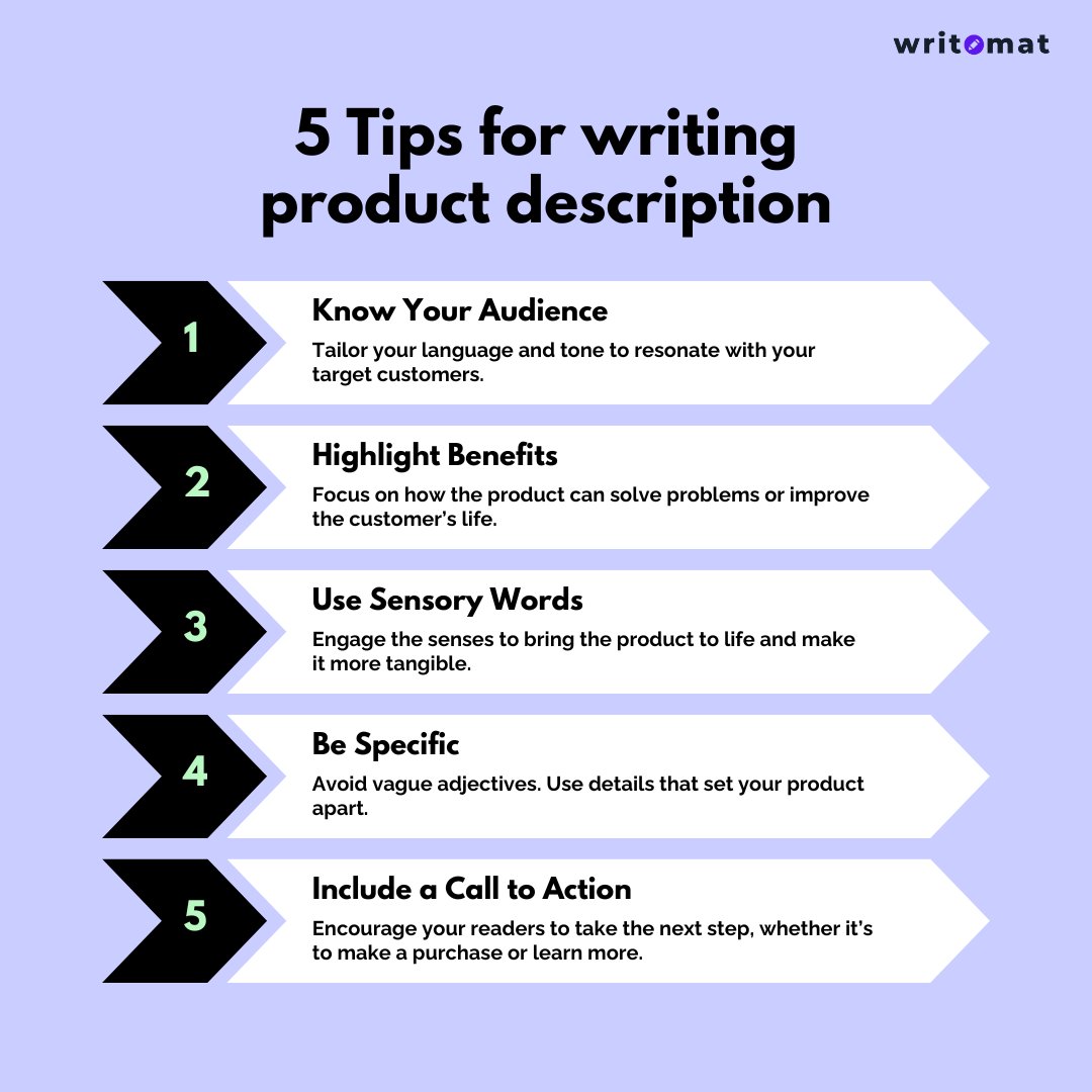 Are you struggling to write product descriptions? Here are five tips that can help you craft descriptions that drive sales and increase conversions. Meet Writomat, your AI-assisted writing partner, coming soon to assist with all your content needs. #Productdescription #ecommerce
