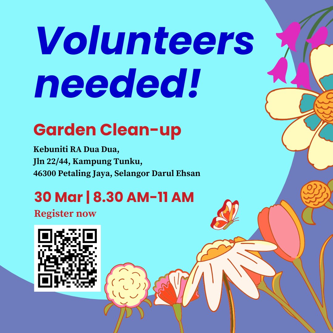 Volunteers, join us cleaning up a community garden and learn all the green practices in gardening. 📅 30th Mar 2024 🕣8:30 - 11:00 am 📍 Location: Kebuniti RA Dua Dua, Jln 22/44, Kampung Tunku, 46300 Petaling Jaya, Selangor Register Now: forms.gle/U9V4NK2hap6B9w…