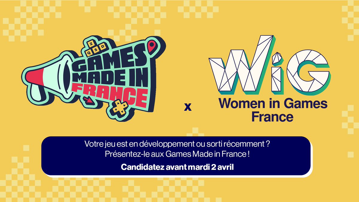 Participez gratuitement aux @JeuxMadeInFR pour présenter votre jeu ! Les critères : 👉 être une personne de genre marginalisé 👉 être disponible du 16 au 19 mai 👉 pouvoir fournir une build de votre jeu 🔗 Candidatez avant mardi 2 avril : forms.gle/9UydQRRvDHtFAU…