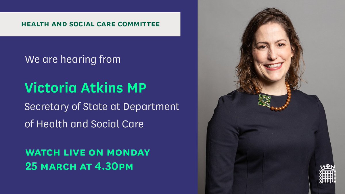 On Monday, we'll be questioning the Department for Health and Social Care on their recent work. Watch the session live from 4.30pm 🕓 Learn more 👉 committees.parliament.uk/event/21096/fo…