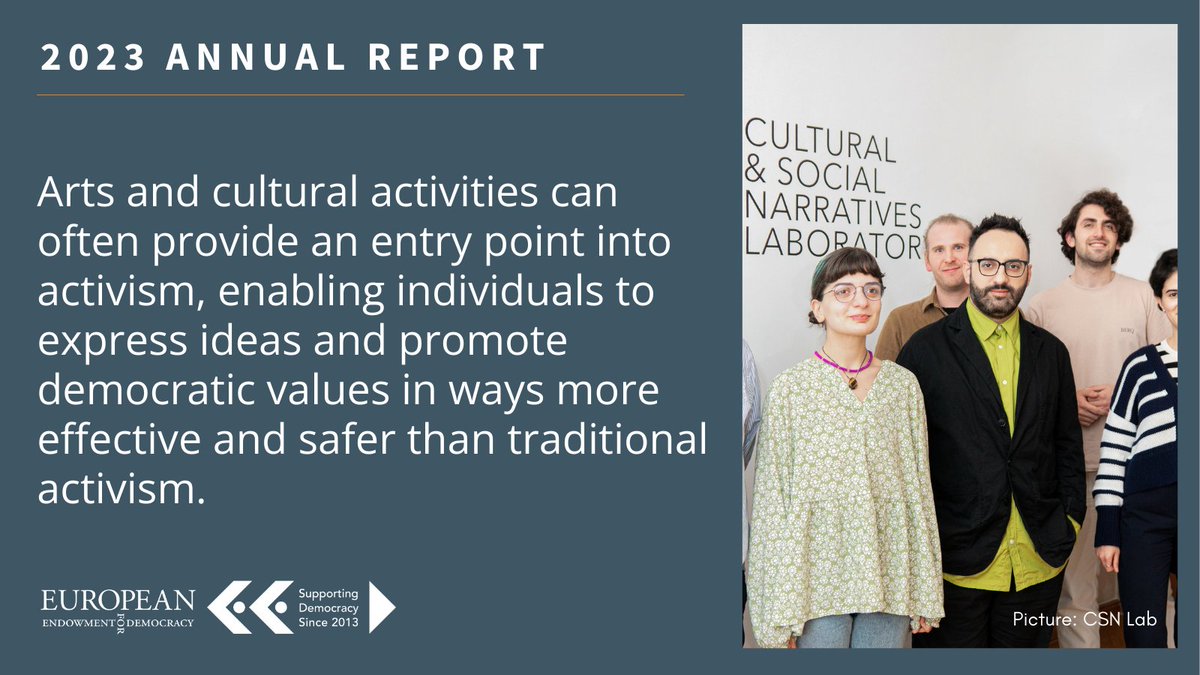 Arts and cultural activities enable people to express ideas and promote democratic values in ways more effective and safer than traditional activism. Read about NGOs like @KDTSrebrenica supporting democracy through arts and culture in our Annual Report bit.ly/3Vr2pXU