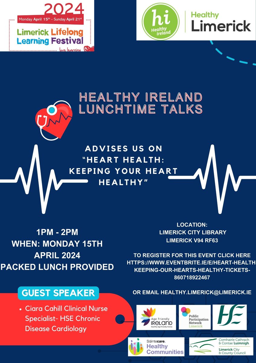 📢HL presents a series of lunchtime talks as part of Limericks Lifelong Learning Festival which takes place from 15th - 21st April 2024  Our 1st topic is “Heart Health' on Mon 15th April 

To register click here: eventbrite.ie/e/heart-health…

#LLLFestival2024 #LearnGrowExplorein2024