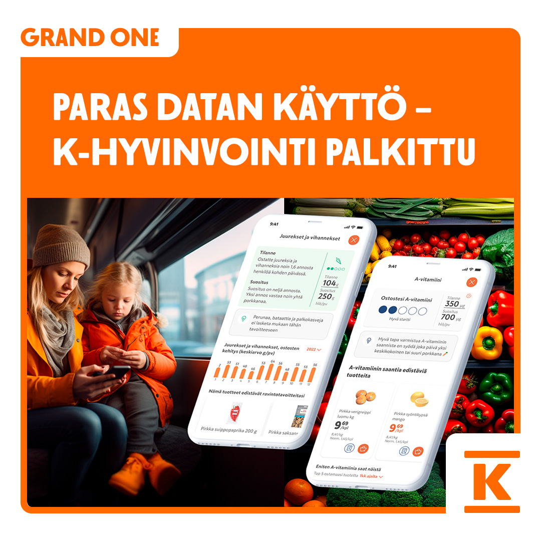K-Ruoka-sovelluksen K-Hyvinvointi-osio palkittiin <a href="/grandonefinland/">Grand One</a> -kilpailussa Paras datan käyttö -sarjassa 🎉Kiitos kumppaneillemme <a href="/futurice/">Futurice</a>, @AavaLk ja <a href="/Qvik/">Qvik</a>! Ota sinäkin K-Hyvinvointi käyttöön ja seuraa, miten 12 terveellisen ravinnon suositusta toteutuvat🧡 #grandone2024