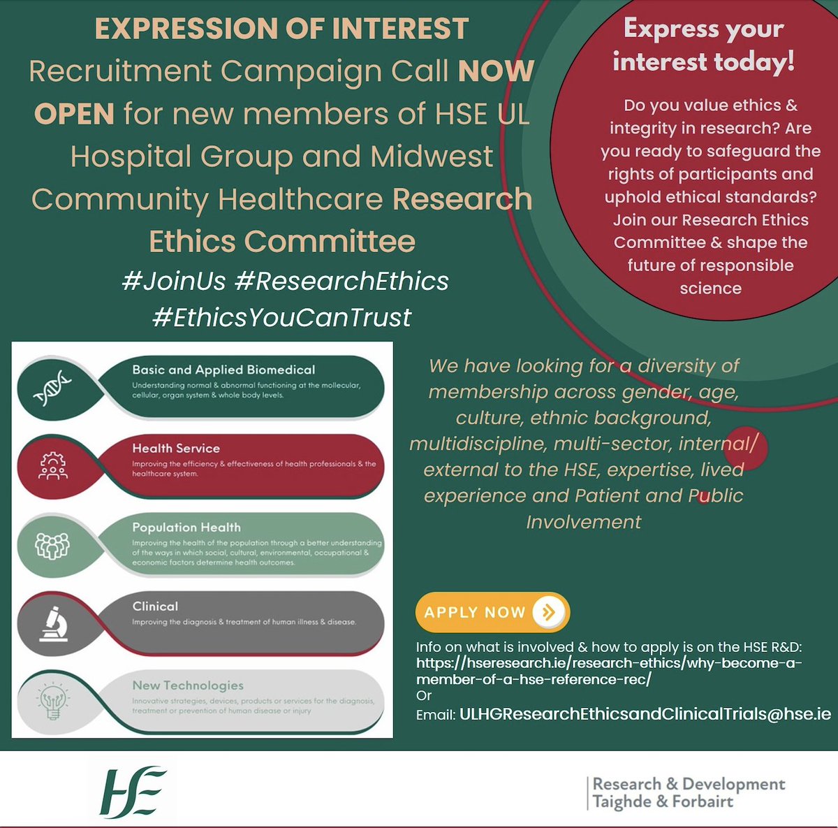 Are you interested in Research Ethics and safeguarding the rights of participants? You might consider joining the @ULHospitals Research Ethics Committee who are seeking new members. Email ULHGResearchEthicsandClinicalTrials@hse.ie or go here for more info hseresearch.ie/research-ethic…