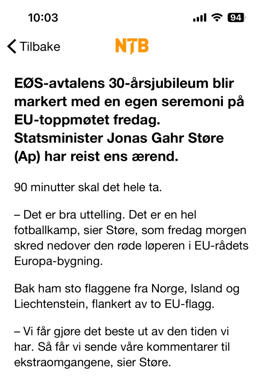 Det er 10 EU-land som har lågare folketal enn Noreg. Det er 19 som har lågare BNP. Likevel har vi stilt oss på denne måten. Og er glade for dei minutta vi kan få. Er det ikkje snart på tide å gravlegge vårt eige mindreverdskompleks og ta eit sete ved vaksenbordet?