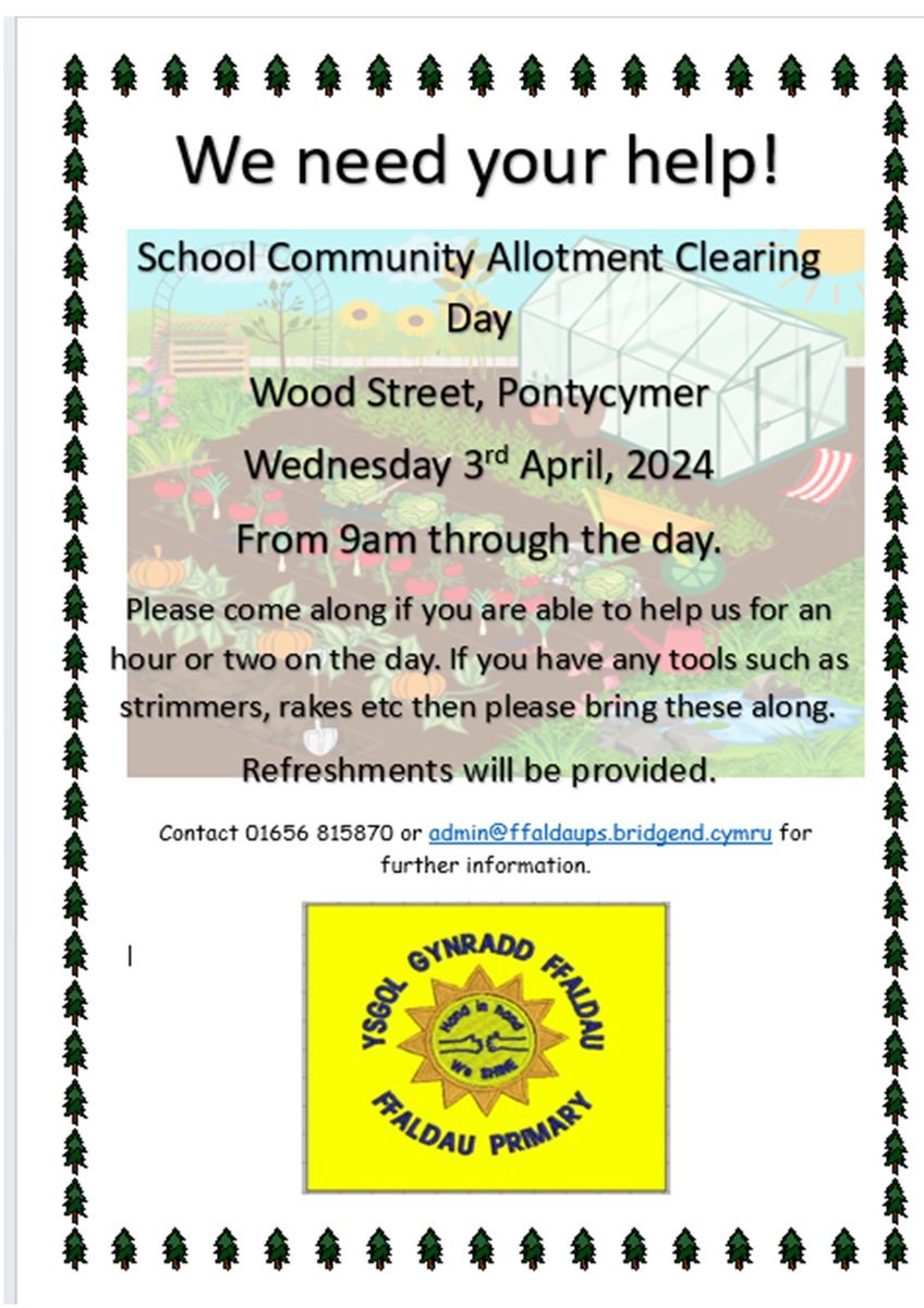 Ffaldau Primary (@ffaldauprimary) on Twitter photo PLEASE SHARE: If anyone is able to spare any time on the day to help us, we would be extremely grateful. 
If you are able to help, then please contact us or just turn up on the day. We will be at the plot from 9am until late in the day. Refreshments will be provided. Thank you PLEASE SHARE: If anyone is able to spare any time on the day to help us, we would be extremely grateful. 
If you are able to help, then please contact us or just turn up on the day. We will be at the plot from 9am until late in the day. Refreshments will be provided. Thank you