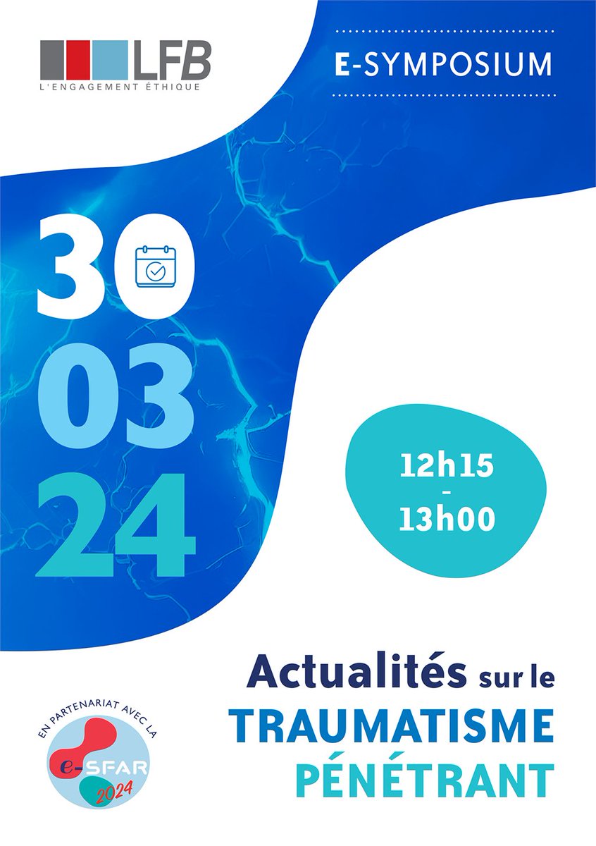 📣 Tenez-vous informé sur les actualités sur le traumatisme pénétrant lors du e-symposium organisé par le <a href="/Groupe_LFB/">Groupe LFB</a> 🗓️ samedi 30/03 de 12h15 à 13h, à l’occasion de la e-<a href="/SFAR_ORG/">SFAR Anesthésie Réanimation</a>.  
✒ Inscription ici : inscriptions.sfar.org/e-sfar/register 
👨‍⚕️👩‍⚕️e-sympo pour les professionnels de santé.👨‍⚕️ 👩‍⚕️