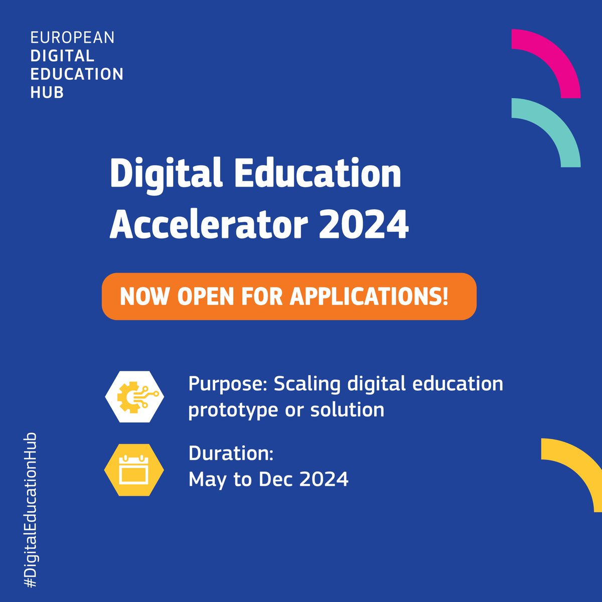 Digital education innovators are invited to join the Digital Education Accelerator 2024, a 6-month growth programme under the European #DigitalEducationHub. 

Deadline: 15 April 2024
Read more for details: rb.gy/gt5j0j