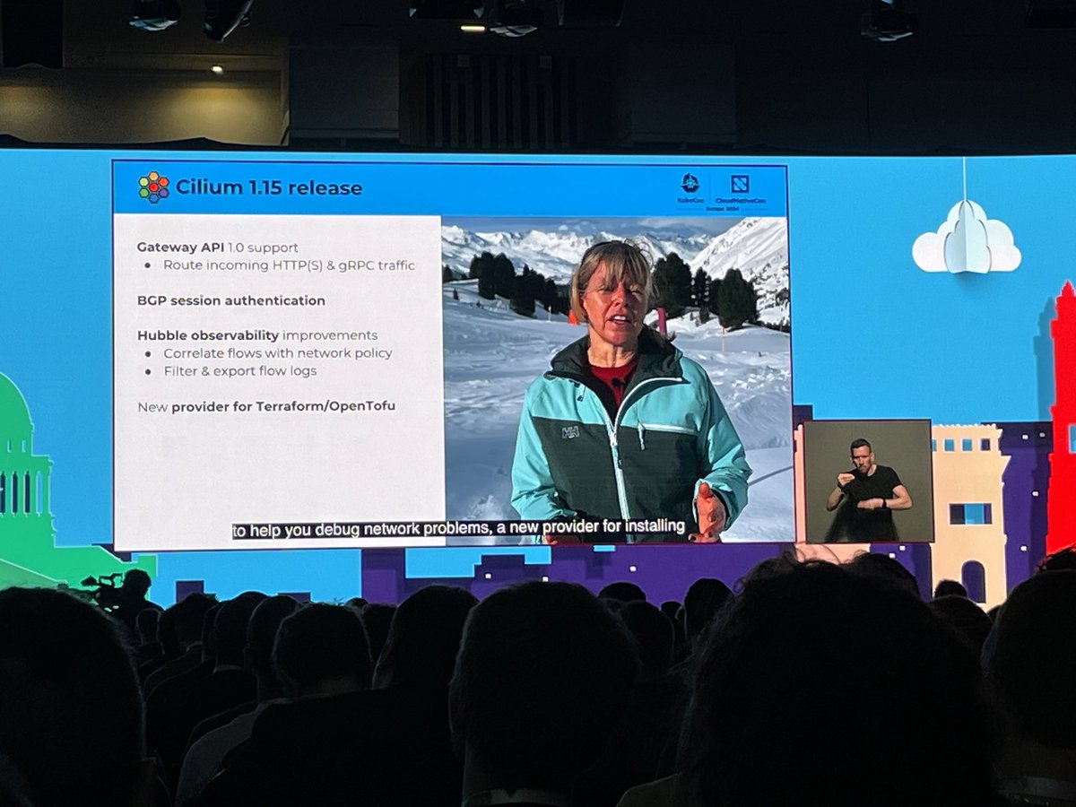 You can always rely on @lizrice to take things to the next level. Doing the @KubeCon_ project update for @ciliumproject from a ski slope