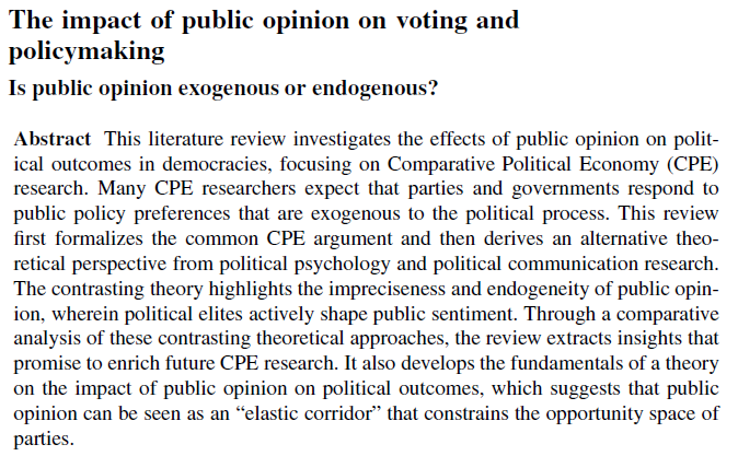 I just published a lit review on the impact of public opinion on political behavior, politics, and policies. It focuses on CPE research. Here is a thread that summarizes the main points. Open access: doi.org/10.1007/s41358…