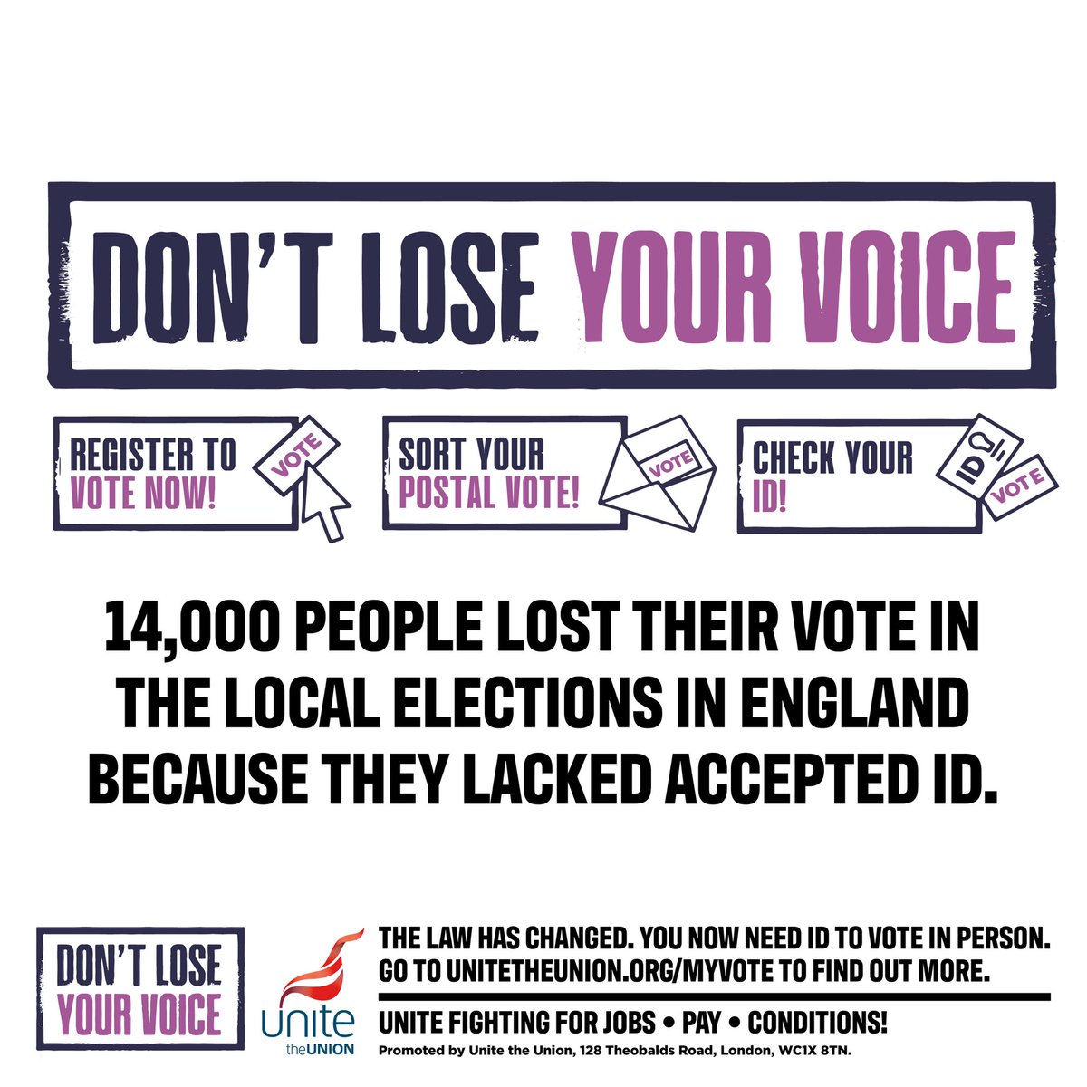 🗳️Elections are taking place across England and Wales on 2 May. Are you ready? ❗️You now need ID to vote at a polling station. 📲 Remember to register to vote first! #DontLoseYourVoice 👉 Find everything you need to get vote ready at unitetheunion.org/myvote
