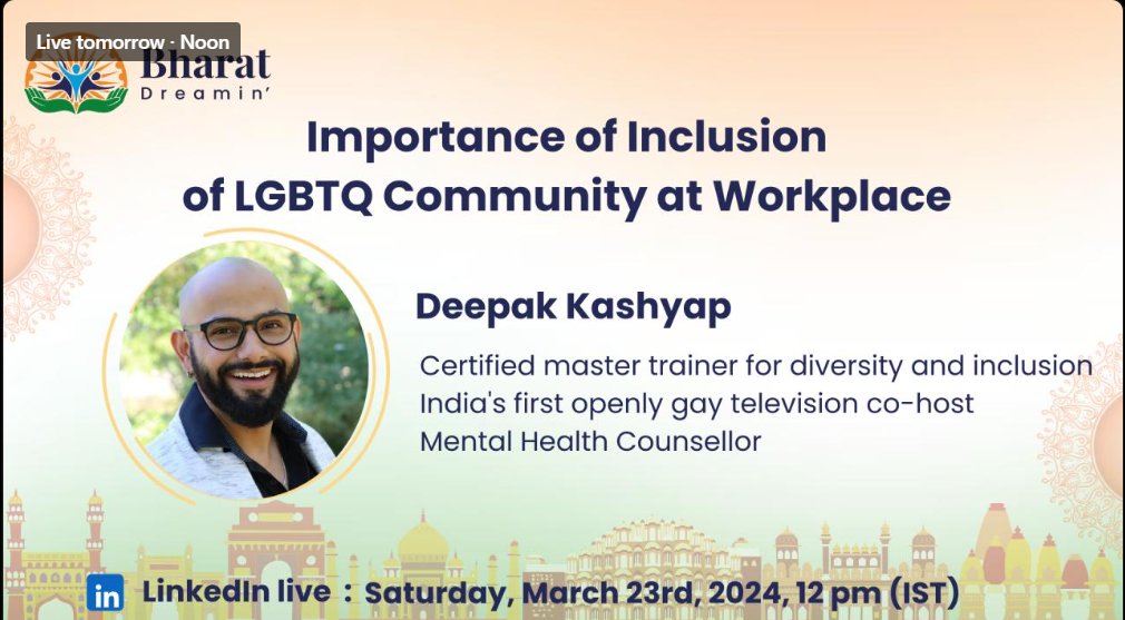 Tomorrow is a big day, so get ready to join us to learn more about the Importance of the Inclusion of the LGBTQ Community in the Workplace. Event by @BharatDreamin linkedin.com/events/7176309… @JyothsnaBitra @omprakash_it @kdsharmas @iamKapilBatra