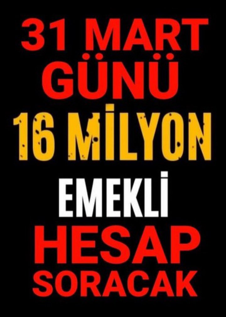 16 milyon emekliyi 10.000 TL emekli maaşıyla kaderine terk ettiler 

16 milyon emekli 31 Mart'ta HESAP SORACAK 

SES VER EMEKLİ 4 YIL SEÇİM YOK 
OYUNU ONA GÖRE KULLAN🙏✅

#EmekliOyVerYolVer